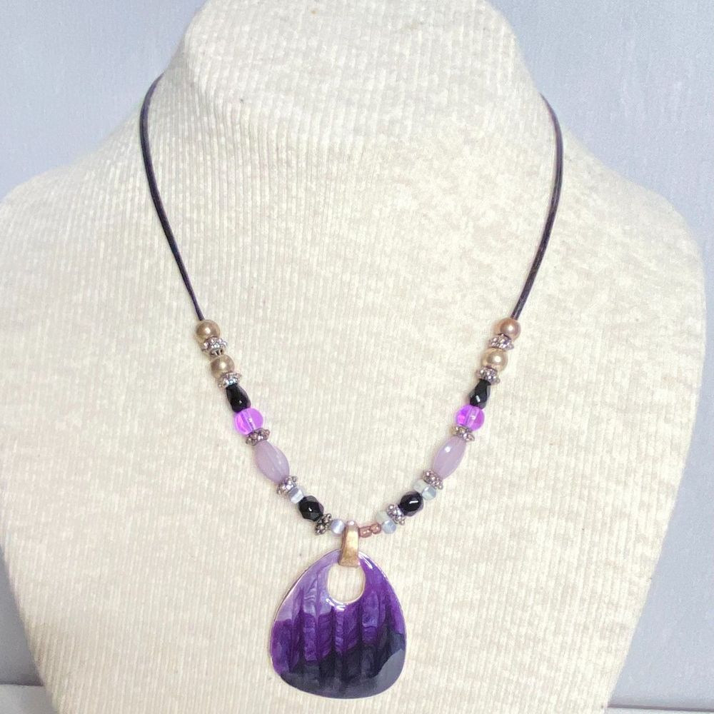 💎Ombre Purple Tribal Beaded Cord Necklace Enamel Feather Pendant Boho